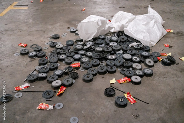 Fototapeta Multiple damaged black rubber wheels with bearings, scattered on a surface with some metal components visible and red labels.