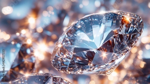 Obraz Ultra-close-up of a brilliant cut diamond with sparkles and texture, isolated on white background