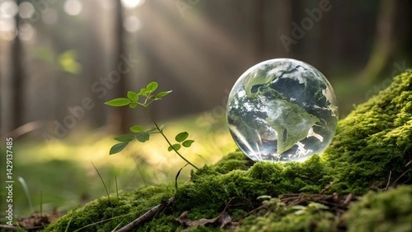 Fototapeta A captivating close-up shot captures a clear glass sphere resting gently on a bed of lush green moss on the forest floor.