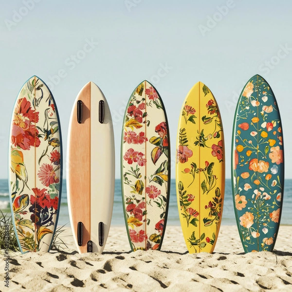 Fototapeta Row of surfboards with vibrant floral patterns standing on a sandy beach, ocean and sky in the background, evoking summer vibes. AI generative.