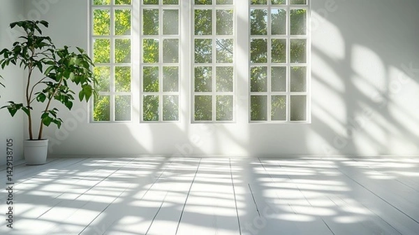 Fototapeta sunlight casts window shadows on a minimalist white wall and floor background backdrop banner image with window for online presentations and zoom meetings idea for copy space