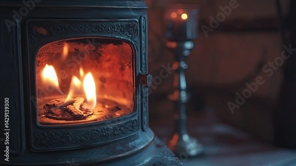 Fototapeta Unattended gas stove glowing with sharp flames, shot from a low angle to emphasize potential disaster.