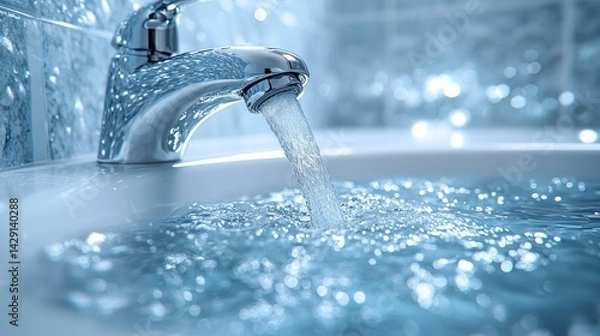 Fototapeta Running water from a faucet into a sink