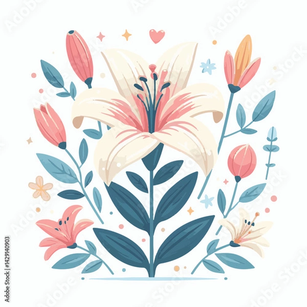 Fototapeta floral, lily, flower, nature, blossom, plant, white, background, spring, flora, bouquet, isolated, botanical, decoration, summer, botany, leaf, bloom, beautiful, green, closeup, petal, illustration, g