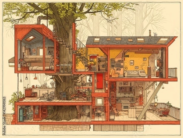 Fototapeta Detailed treehouse illustration showcasing multiple floors and rooms.