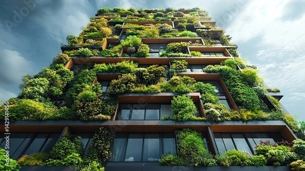 Fototapeta sustainable green building in modern city green architecture eco friendly building sustainable building with vertical garden reduce co2 futuristic building net zero emissions