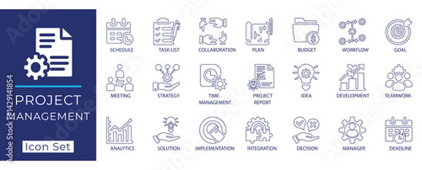 Fototapeta Flat vector project management line icon set. Featuring task list, time management, strategy, teamwork, analytics, planning, deadline & integration icons.