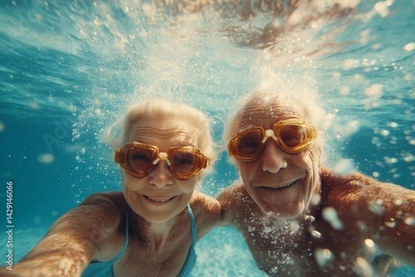 Obraz Happy elderly couple enjoying, fun swimming in clear blue water on a sunny day.