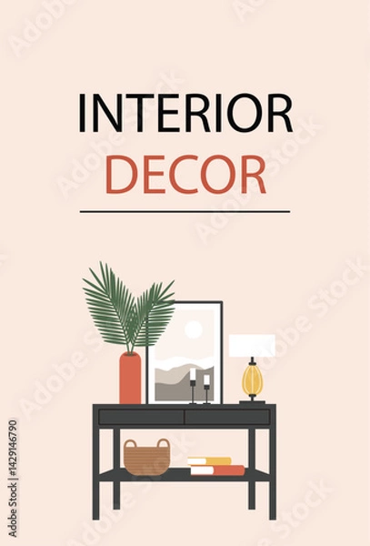 Fototapeta Banner interior design,home decor.A template with a space for the text.Flat vector illustration.
