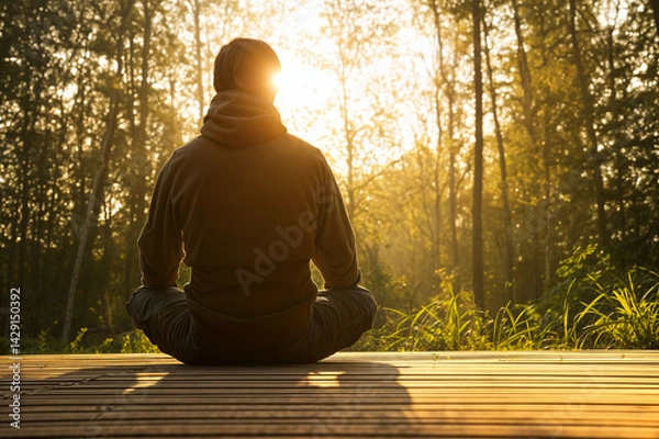 Obraz A person is meditating in a forest, sitting on a wooden surface with the sun shining through the trees behind them, creating a serene and tranquil atmosphere