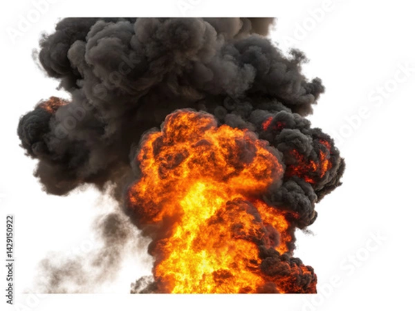 Fototapeta A dramatic explosion of fire and smoke, showcasing intense flames bursting through thick, dark clouds.