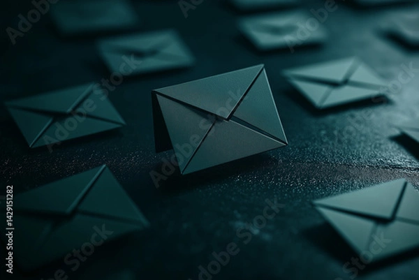 Obraz collection of dark envelopes on textured surface, symbolizing communication and digital security. focus is on one envelope, representing importance of protecting information