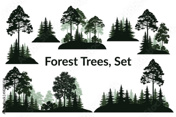 Fototapeta Set Isolated on White Background Landscapes, Green Coniferous and Deciduous Trees and Bushes Silhouettes, Fir, Pine, Maple, Acacia, Lilac. Vector