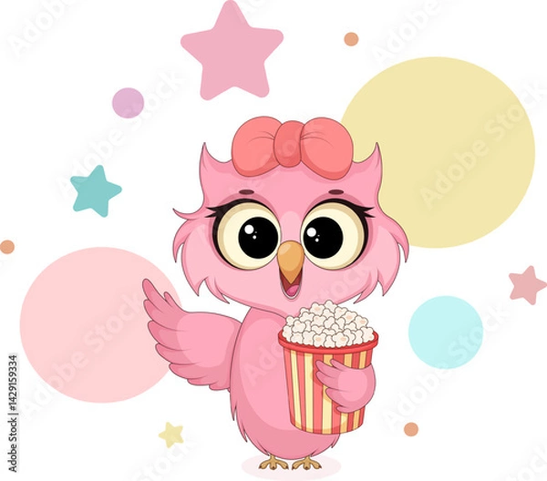 Fototapeta Cute pink owl with popcorn and stars