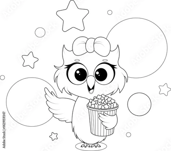 Fototapeta Coloring page with cartoon owl holding popcorn