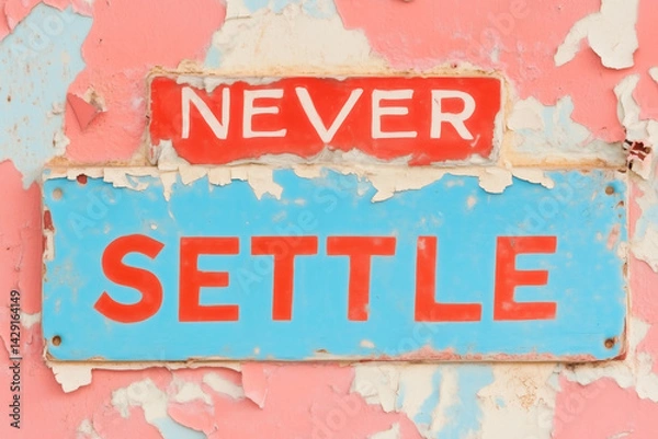 Fototapeta A colorful wall features a weathered sign that reads never settle, encouraging passersby to embrace ambition and perseverance in life