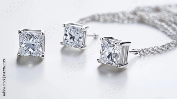 Obraz Modern minimalist silver jewelry set with square cut stones on earrings, necklace, and ring, isolate on white background