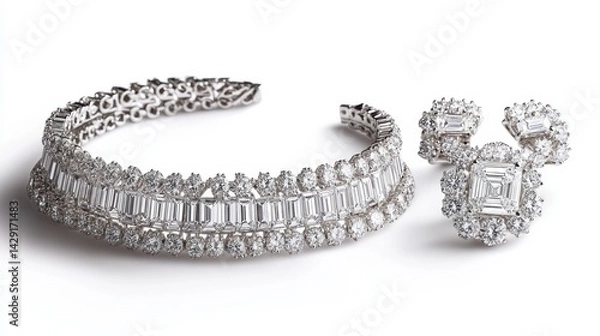 Obraz Sophisticated diamond jewelry set with baguette-cut diamonds on earrings, necklace, and matching ring, isolate on white background