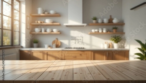 Fototapeta Wood Tabletop Surface with Bright Airy Kitchen Background for Display