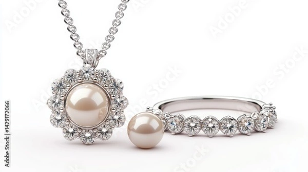 Obraz Timeless pearl jewelry set with delicate pearl earrings, necklace, and ring, isolate on white background