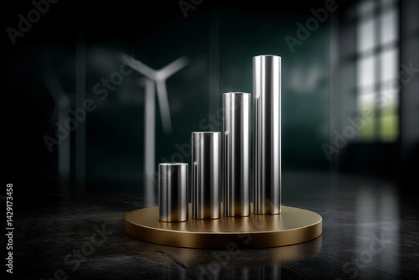 Fototapeta sleek metallic bar graph representing growth and progress, set against blurred background with wind turbines, symbolizes rise in renewable energy and economic development