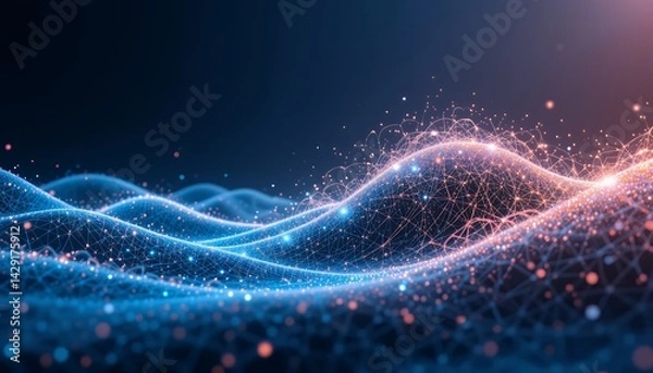 Fototapeta Glowing Network Waves Connecting Points in a Abstract Technology Landscape