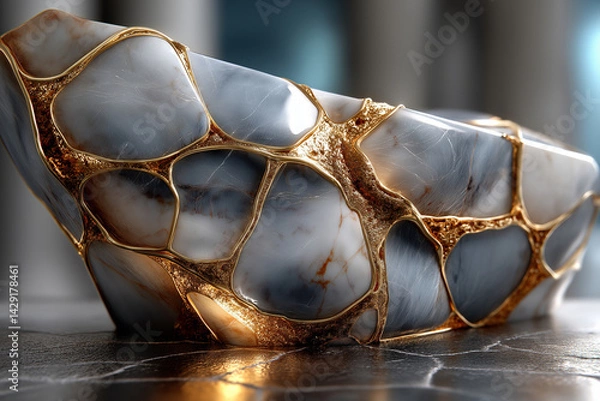 Fototapeta stunning marble texture featuring golden veins against soft background, showcasing intricate patterns and luxurious feel. combination of colors creates elegant and sophisticated appearance