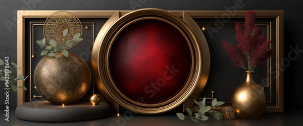 Obraz luxurious and elegant display featuring red circular frame, gold accents, and decorative elements like sphere, vase, and foliage, creating sophisticated atmosphere