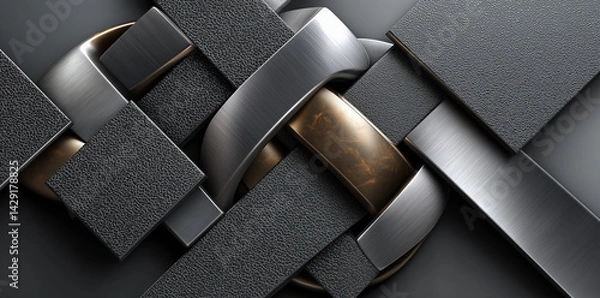 Obraz modern abstract composition featuring interwoven metallic and textured surfaces, showcasing blend of smooth and rough elements harmonious design. interplay of light and shadow adds depth