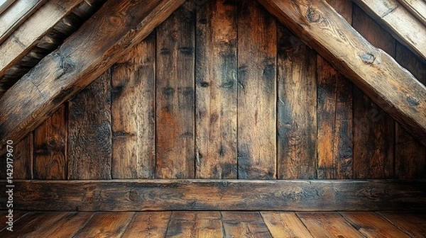 Obraz Rustic Attic Interior with Angled Wooden Beams and Textured Wall
