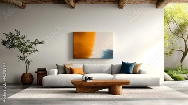 Obraz This bright and inviting contemporary living area features a plush sectional sofa minimalist yet refined decor and a soothing Scandinavian design aesthetic