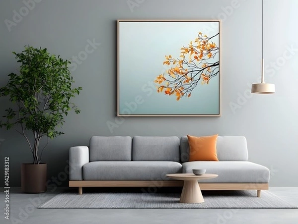 Obraz This contemporary living area features a comfortable L shaped sectional sofa minimalist Scandinavian inspired decor with natural wood accents and soft ambient lighting