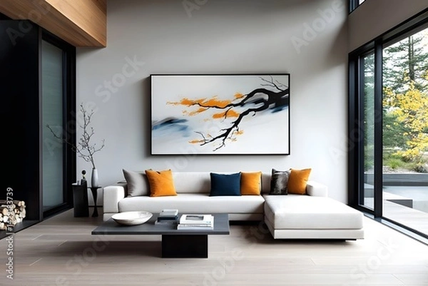 Obraz This contemporary living room showcases a refined and calming aesthetic with a plush sectional couch minimalist decor and neutral tones that reflect a Scandinavian influenced style