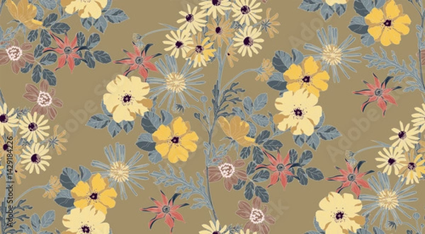 Fototapeta Colorful pattern of flowers and leaves, repeating pattern, artistic like wallpaper.	