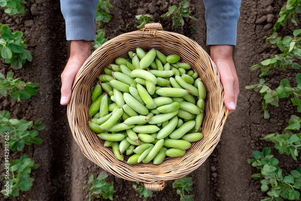 Fototapeta Farmer holding basket full of freshly harvested green fava beans in field with visible crop rows