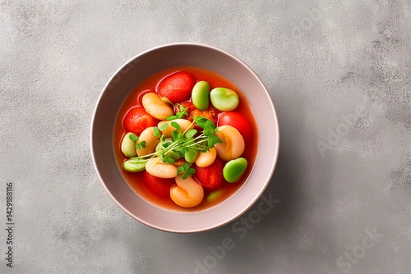 Fototapeta Bowl of fava bean and tomato soup garnished with microgreens on a textured gray surface