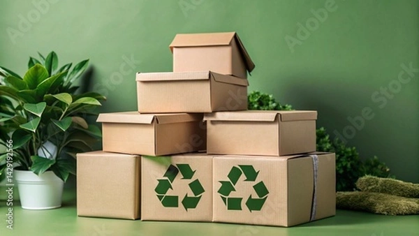 Obraz Caixas de papelão marrom empilhadas para reciclagem, promovendo sustentabilidade e reutilização