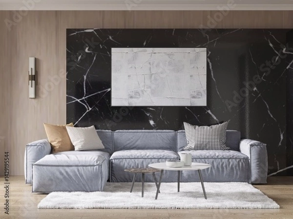 Fototapeta Mock up of an outrageous living room with a comfortable corner sofa and a fashionable decorative background, 3D rendering.