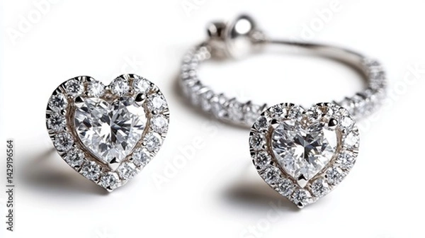 Fototapeta Elegant platinum jewelry set with heart-shaped diamonds on earrings, necklace, and ring, isolate on white background