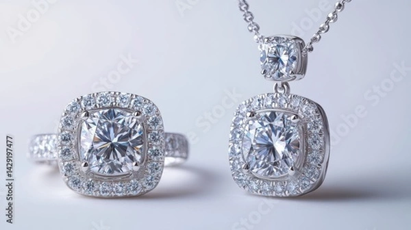 Obraz Timeless platinum jewelry set with cushion-cut diamonds on earrings, necklace, and ring, isolate on white background