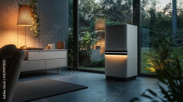 Fototapeta Modern, sleek, minimalist cabinet in a tranquil living room setting.