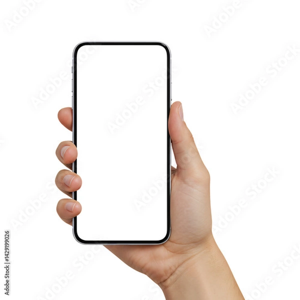 Obraz Hand holding smartphone device png, mobile phone with white screen isolated on transparent background