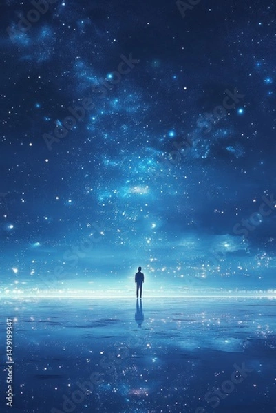 Obraz Astronaut standing alone on reflective ice surface under vast, star-filled night sky