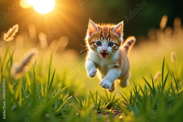 Obraz A whimsical kitten hops through a meadow of tall grasses as the sun dips below the horizon.