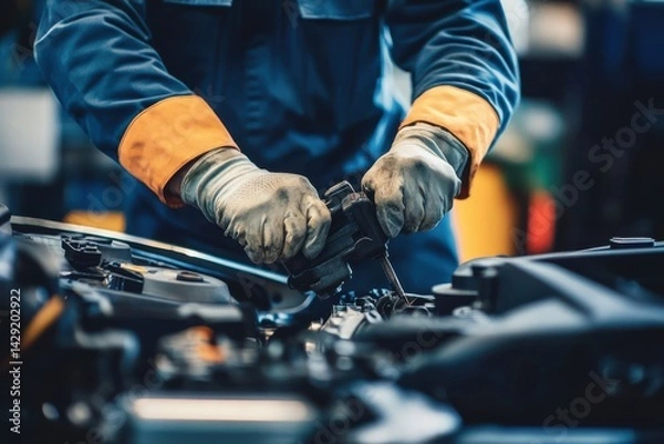 Fototapeta Engineer overseeing car manufacturing process on automotive assembly line in factory setting