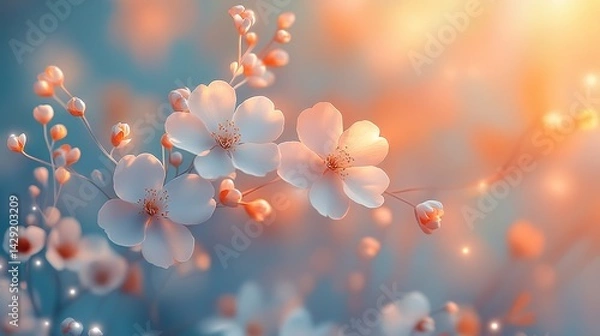 Fototapeta White wildflowers grow against a dreamy pastel teal and orange gradient background, creating a soft, romantic atmosphere.