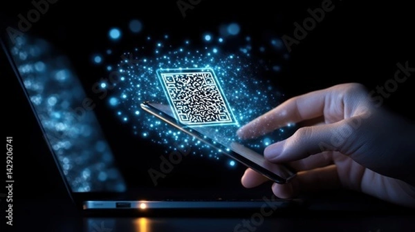 Fototapeta Hand using smartphone to scan glowing digital QR code