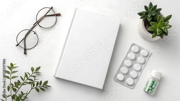 Fototapeta Notebook, pen, and glasses rest on blank paper, tools for business calculations and financial notes in the office