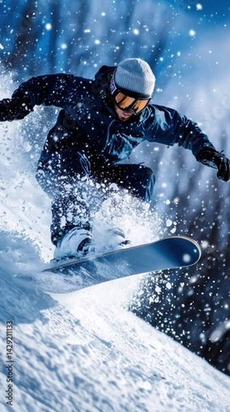 Fototapeta A snowboarder is in the air, riding a snowboard down a snowy slope
