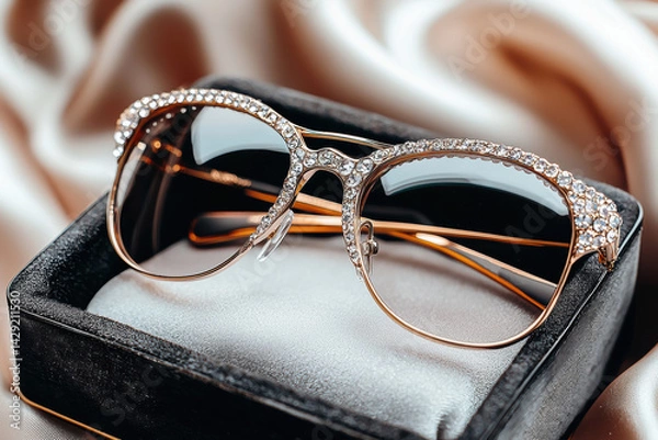 Obraz Luxurious designer sunglasses with diamond-encrusted frames in a velvet jewelry box